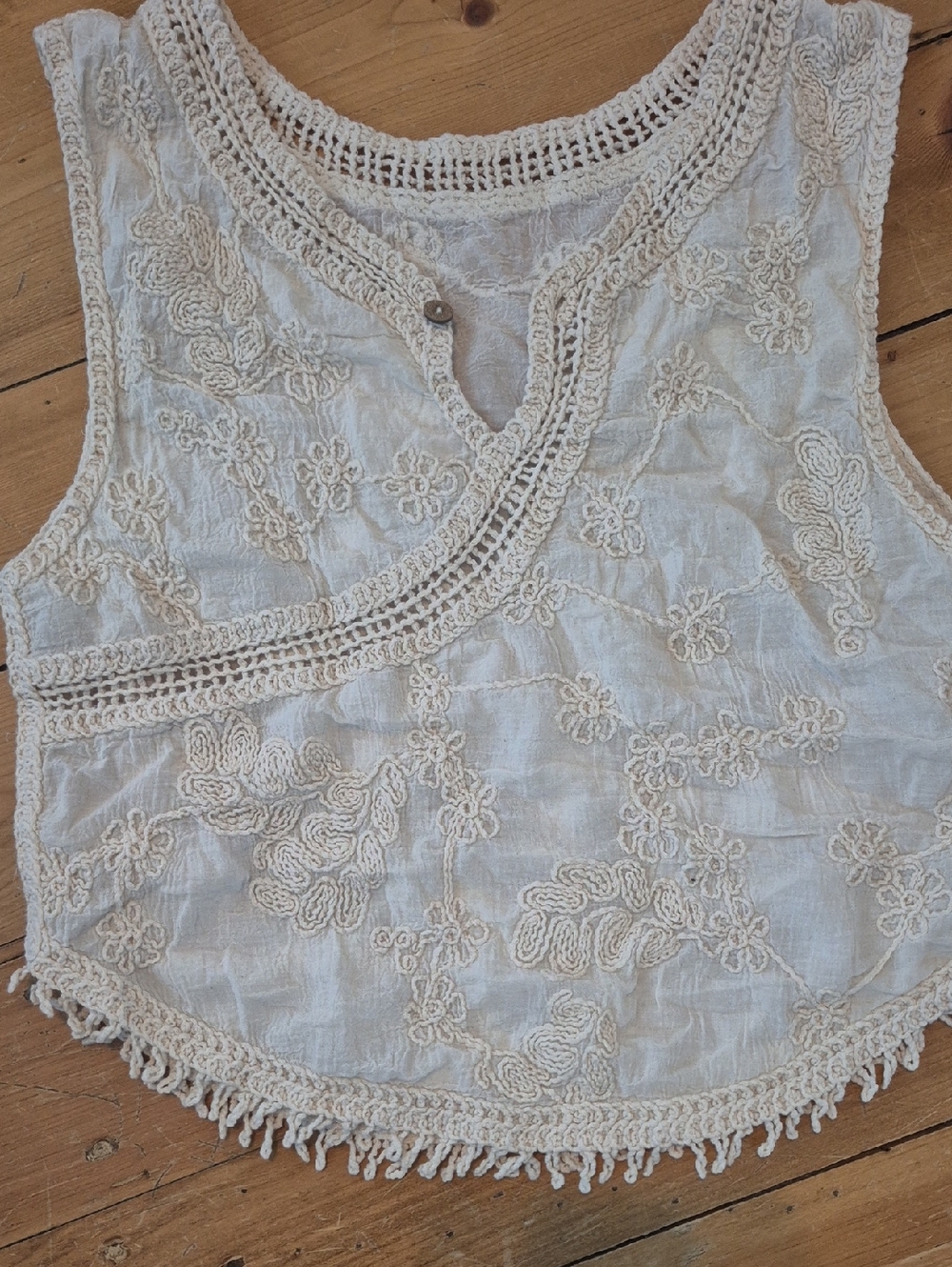 SHEIN Cream Embroidered Crochet Trim Tank Top